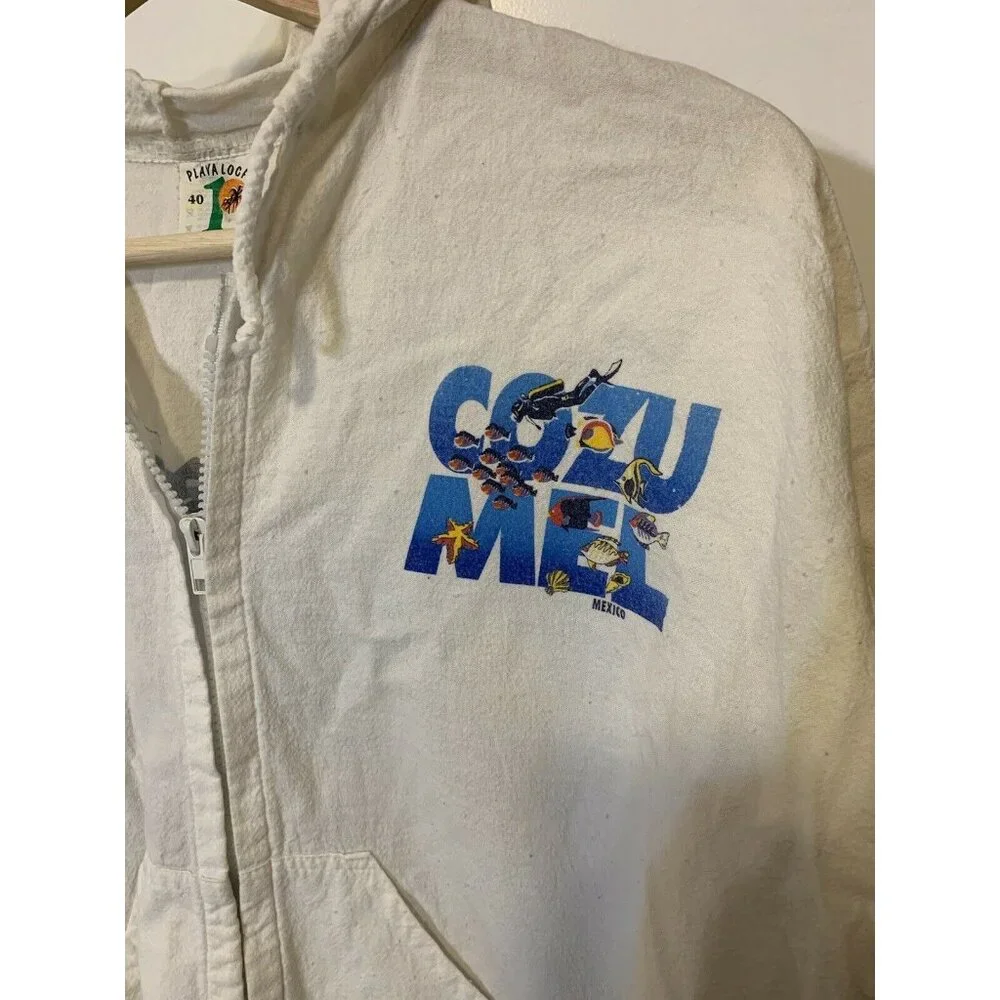 La Iguana Hoodie Full Zip Jacket Vtg‎ 90 Cozumel Mexico Sz L White Rare